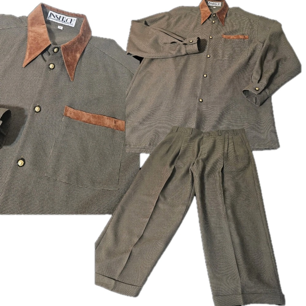 Vintage Inserch Men's Suede Collar Shirt & Pants Set Size L Tony Soprano Lounge